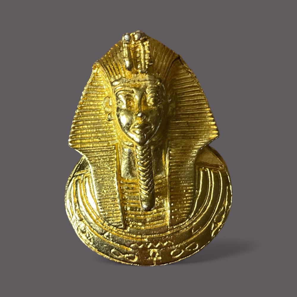 King Tutankhamen Pharaoh Egyptian Revival Gold Toned Metal Brooch Pin Bold